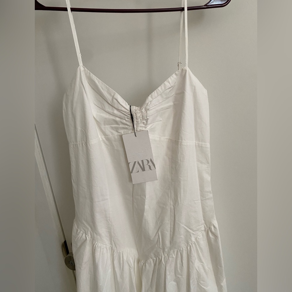 Zara White Cotton Maxi Strappy Gabardine Dress V Neck Flounced hem size XS NWT - Picture 14 of 16